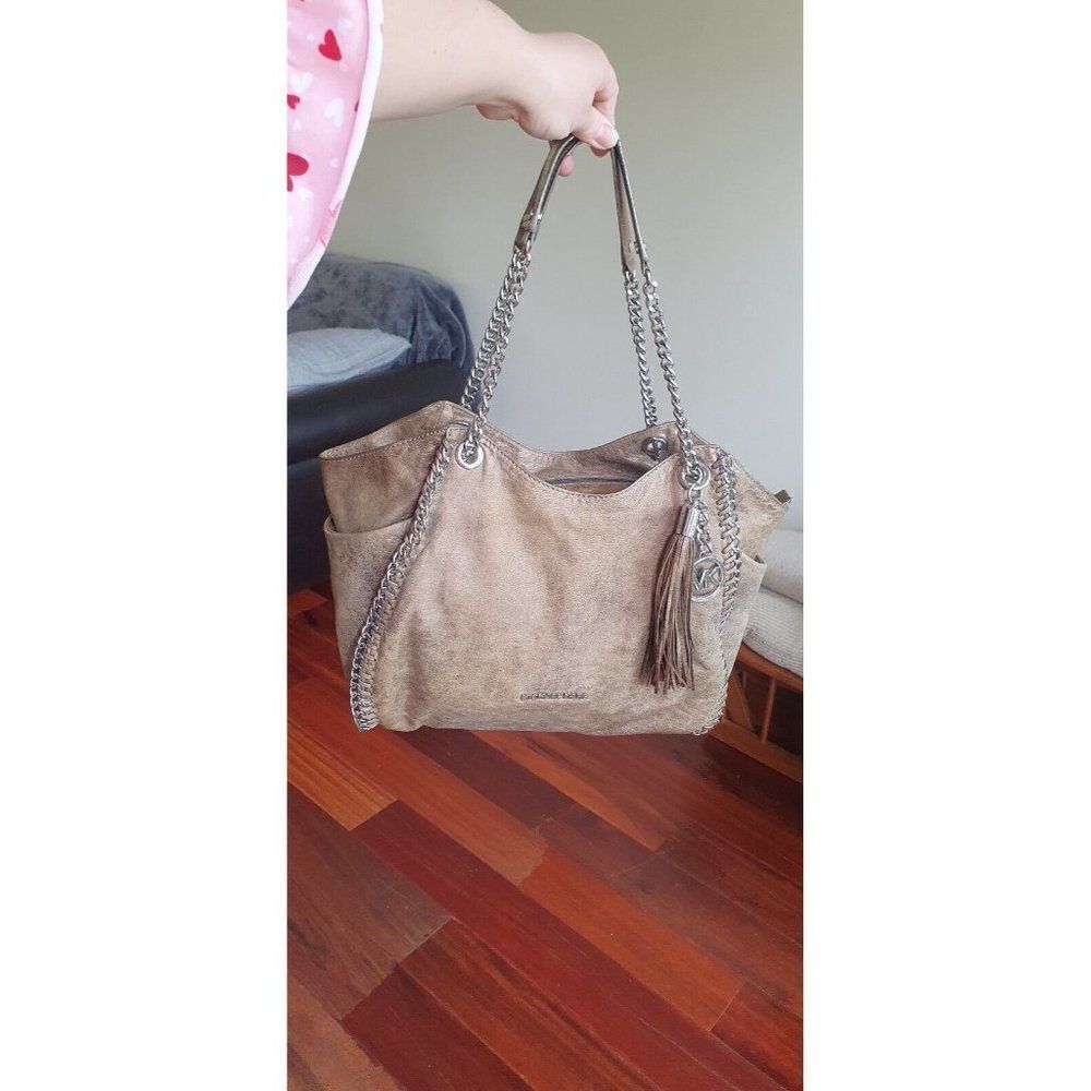 Michael Kors Handbag Women L Chelsea Metallic Tan Whipstitch Tassel Shoulder Bag - Picture 13 of 15